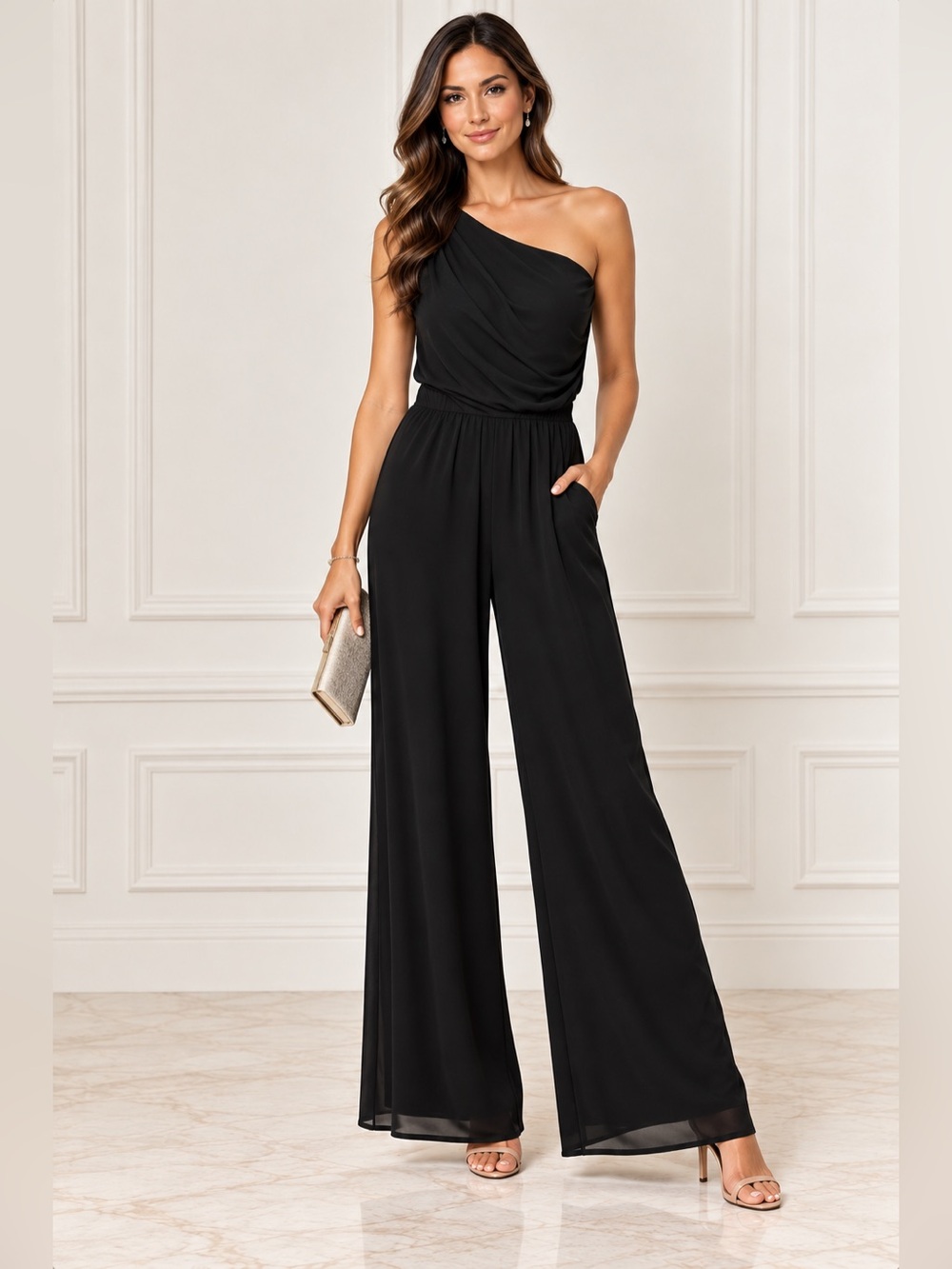 NWT G by Giuliana Black One Shoulder Wide Leg Jumpsuit L Elegant evening/Wed